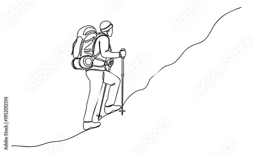 Continuous line art illustration of a hiker depicting ascending a mountain path for outdoor adventure concepts