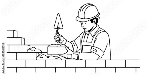 Line art illustration of a construction worker depicting laying bricks for construction