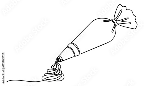 Continuous line art illustration of a piping bag depicting dispensing cream for baking and dessert decoration