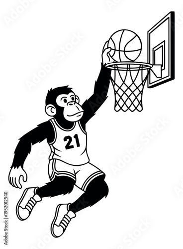 Cartoon line art illustration of a chimpanzee depicting dunking a basketball for sports and athletic themes