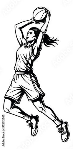 Dynamic line art illustration of a female basketball player depicting a jump shot for sports design