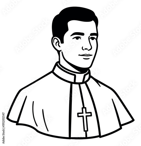 Black and white line art illustration of a young priest depicting religious devotion for spiritual guidance