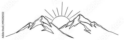 Hand drawn line art illustration of mountains and sun depicting a sunrise for nature and adventure designs