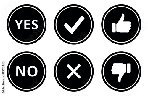 Flat graphic icon set featuring yes, no, checkmark, cross, thumbs up, and thumbs down symbols for feedback and decision making