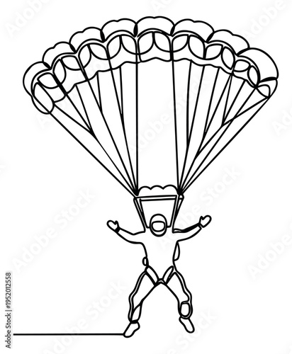 Continuous line art illustration of a parachutist depicting descending with a parachute for extreme sports and adventure concepts