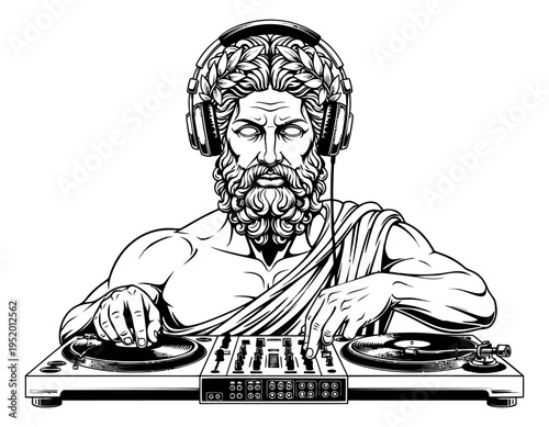 Line art illustration of an ancient greek god djing with headphones for music entertainment