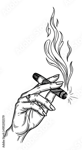 Hand drawn line art illustration of a female hand depicting a smoking cigar for sophisticated lifestyle designs