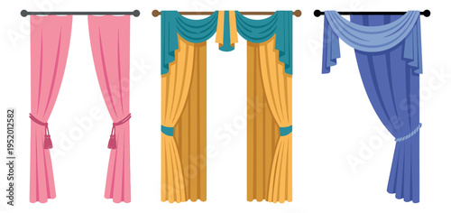 Colorful flat design curtains set featuring pink, yellow, and blue drapes for home decor