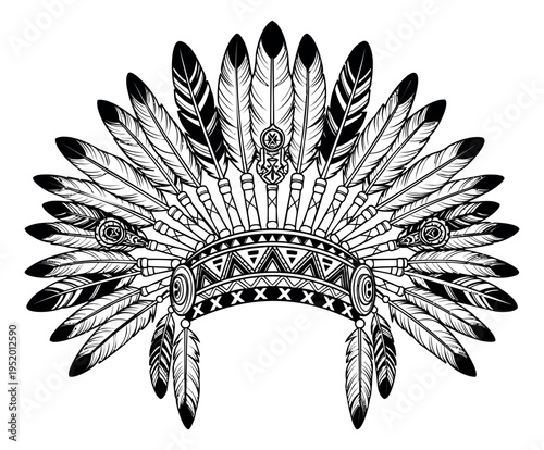 Hand drawn line art illustration of a native american war bonnet depicting traditional feathers and tribal patterns for cultural design projects
