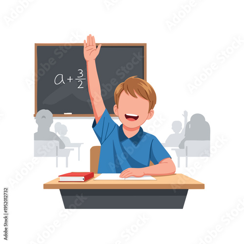 A boy with raised hand and open mouth sits at a desk in a classroom