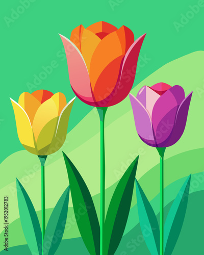 Three stylized tulips in yellow, orange-red, and violet hues display strong upward growth illustrated over layered hills and a rich green background for wallpaper use.