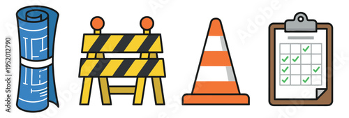 Line art construction set featuring a blueprint, barrier, traffic cone and checklist for project management