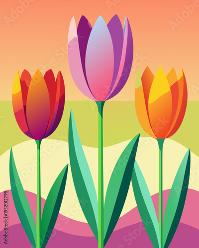 Three stylized tulips featuring purple, orange, and reddish blooms rise above colorful layered ground forms beneath an abstract, warm sky gradient backdrop outdoors.