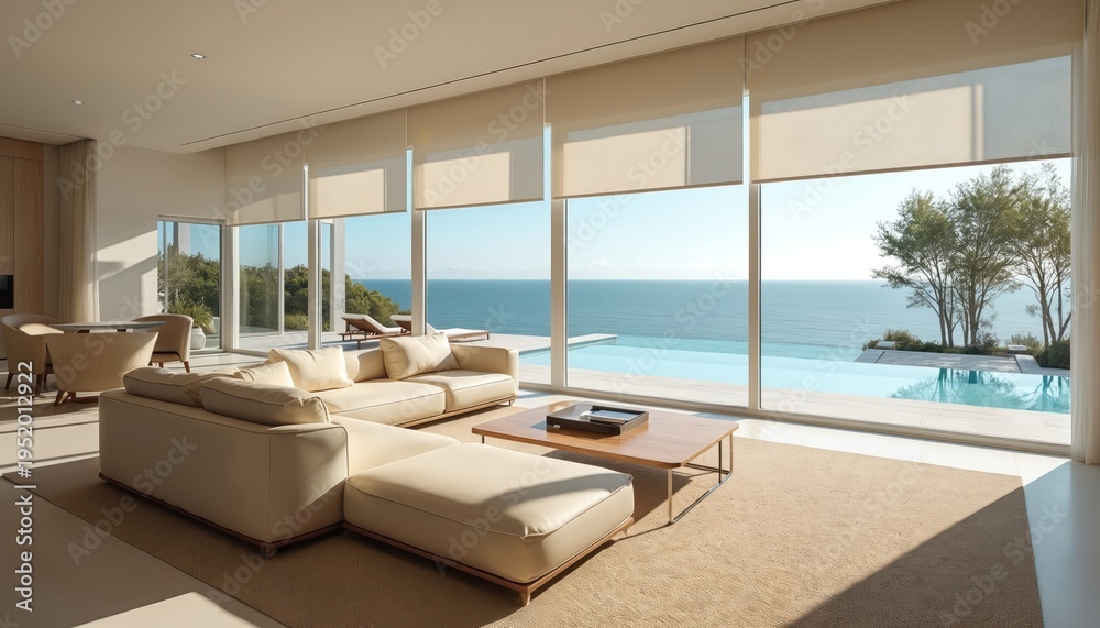 Fototapeta premium Modern living room with sectional sofa overlooks infinity pool, ocean. Large windows with roller shades allow natural light to fill contemporary space. Minimalist decor includes coffee table,