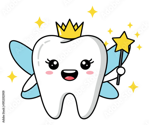 Cute cartoon line art illustration of a tooth character depicting a fairy with a crown and magic wand for pediatric dentistry