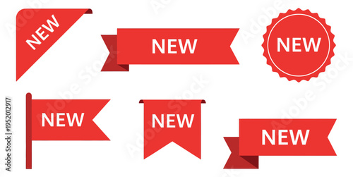 Flat design promotional tag and label set featuring red banners and badges with the word new for marketing and sales