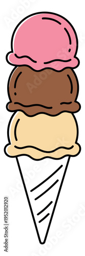 Hand drawn line art illustration of an ice cream cone depicting three scoops of different flavors for dessert menu designs