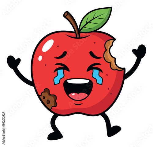 Colorful hand drawn illustration of an apple character depicting crying and spoilage for food waste awareness