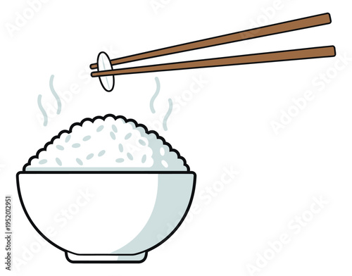 Line art illustration of a bowl of steamed rice depicting a grain being picked up by chopsticks for a meal
