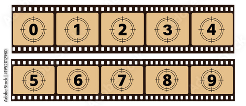 Vintage graphic film countdown set featuring numbers zero to nine in a filmstrip for movie or video projects