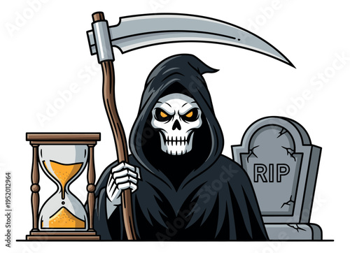 Cartoon illustration of the grim reaper holding a scythe, hourglass, and tombstone for halloween