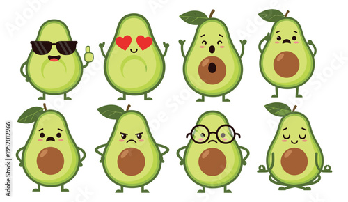 Cute cartoon avocado character set featuring various expressions and poses for healthy eating and emotion-related content
