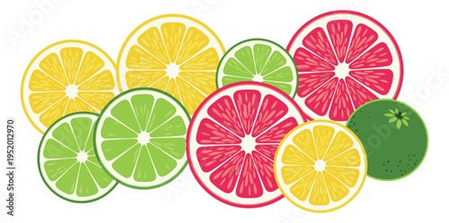Colorful flat design citrus fruit set featuring lemon, lime, and grapefruit slices for refreshing beverages