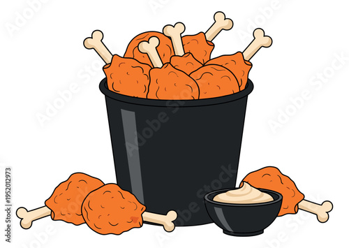 Hand drawn line art fast food set featuring fried chicken drumsticks in a bucket with dipping sauce for a restaurant menu
