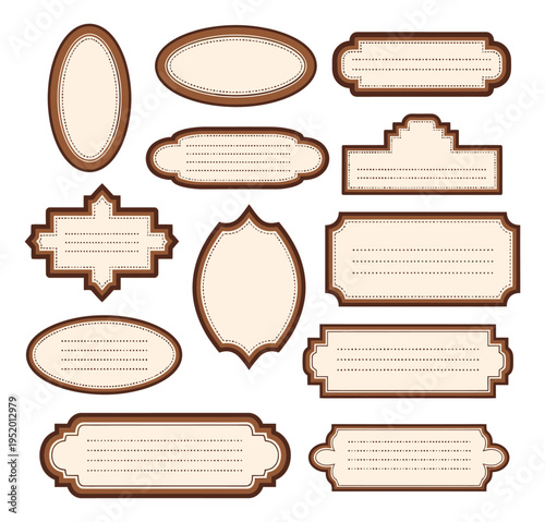 Vintage style label set featuring various ornate brown frames and dotted lines for decorative design