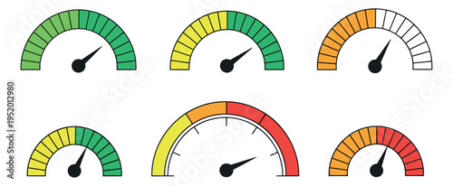 Modern line art gauge indicator set featuring colorful levels of performance for data visualization