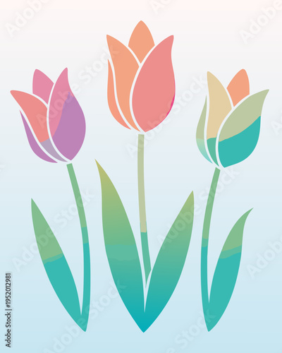 Three upright tulips with varied pastel coloration show distinct shapes and strong vertical stems upon a subtle light blue to white blended surface.