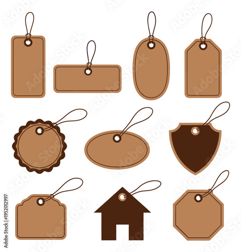 Minimalist blank tag and label set featuring various shapes with strings for retail and promotions