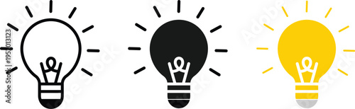 Light bulb icon set. Idea, innovation, and creativity symbols, Energy and insight pictograms for business concepts, brainstorming and startup visuals. Vector illustration
