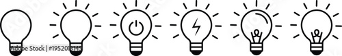 Light bulb icon set. Idea, innovation, and creativity symbols, Energy and insight pictograms for business concepts, brainstorming and startup visuals. Vector illustration
