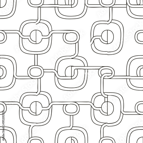 Intricate black and white line art pattern of interlocking rounded geometric shapes