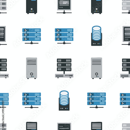 A colorful, flat-design pattern of various computer servers and storage devices