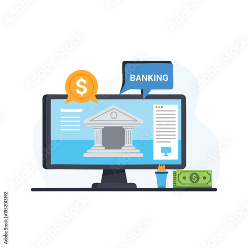 Computer screen displays bank, money, and banking concepts