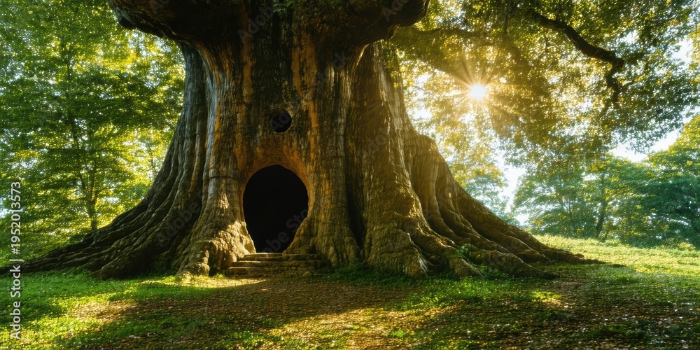 Obraz premium Massive tree features doorway. Sunlight streams through leaves, illuminating grassy area. Forest setting evokes mystery, wonder.