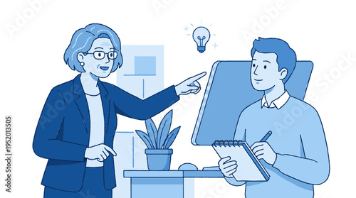 Business mentor offering guidance to colleague in professional office workspace with modern blue vector design