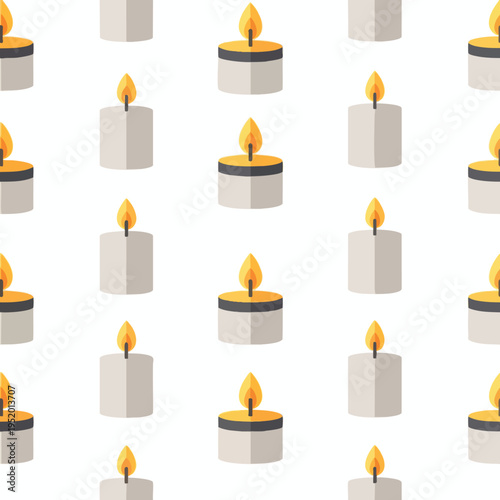 Repeating pattern of lit candles on a white background