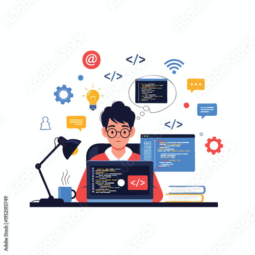 Focused coder at desk with laptops, books, lamp, coffee, and conceptual icons