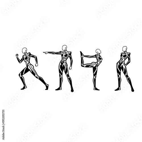 A collection of stylized humanoid figures showcasing various dynamic poses in a minimalist design