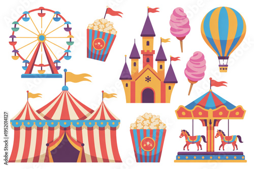 A colorful illustration of various carnival attractions and treats on transparent background