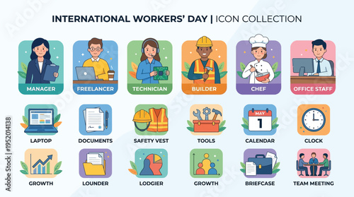 International Workers' Day icon collection featuring various professions like manager, freelancer, builder, chef, and office staff, along with work-related objects and concepts.