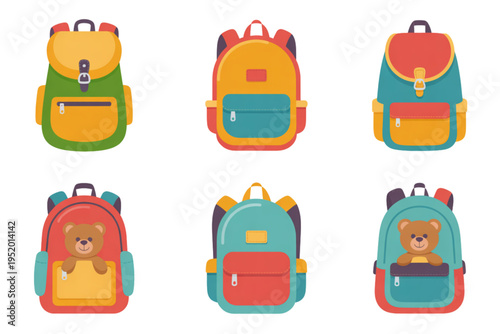 A colorful illustration of six cartoon backpacks with various designs on a transparent background