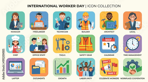 A collection of flat design icons illustrating various professions, work-related tools, and concepts for International Worker Day.