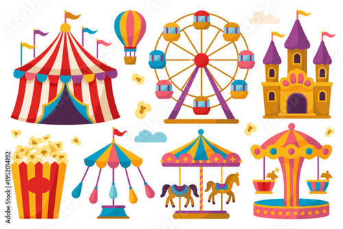 A colorful illustration of various carnival rides and attractions on transparent background
