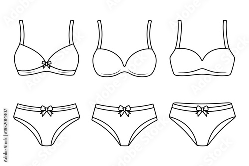 A minimalist line art illustration of various women's lingerie on transparent background