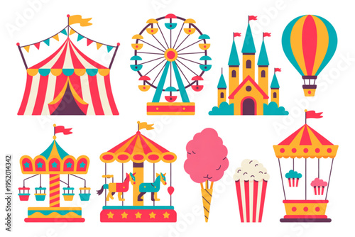 A colorful illustration of various carnival rides and attractions on transparent background