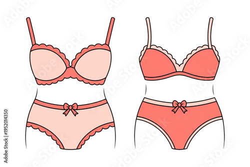 A vector graphic illustration of two sets of women's lingerie on transparent background